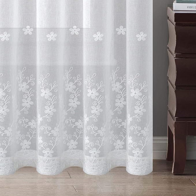 Semi-Sheer Elegant Embroidered Solid White Rod Pocket Window Curtains/Drape/Panels/Treatment 54 x 84,Two Panels - Image 5