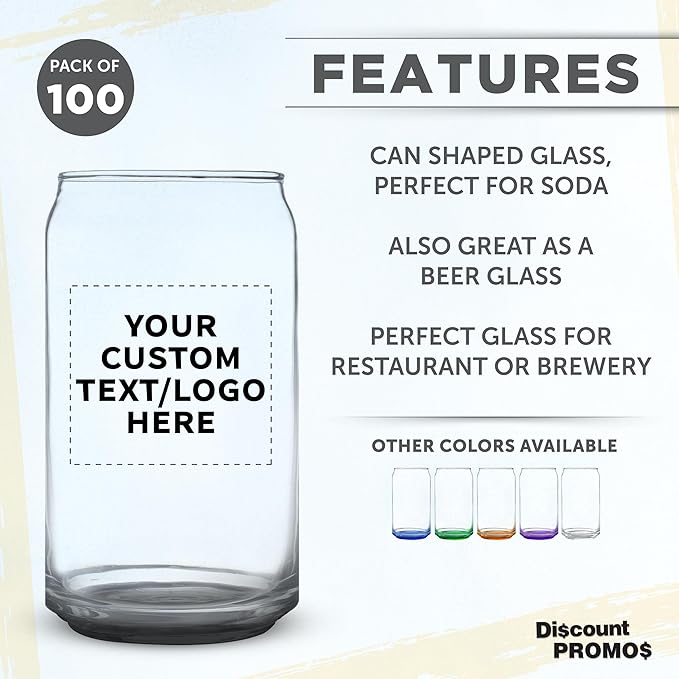 Custom Beer Can Glasses Set of 100, 16 oz. Pint Sized, Promotional Text, Logo, Soda Can Shape, Glassware, Black