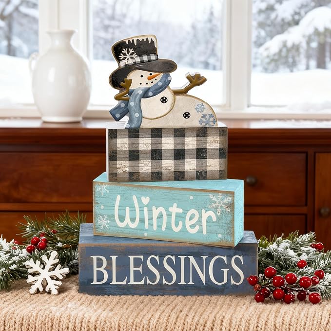 Moucuny 4 Pcs Winter Table Decorations Playful Snowman Decor Indoor Winter Tiered Tray Decor Rustic Wooden Decorative Snowman Block Sign Gift Snowflake Centerpiece Farmhouse for Home Kitchen - Image 7
