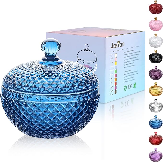 Joeyan 12 oz Small Blue Glass Jewelry Box Jars with Lid,Embossed Glass Candy Dishes,Diamond Faceted Food Container,Decorative Apothecary Canisters,Colored Kitchen Bathroom Buffet Storage Organizer by JoeyanHousehold