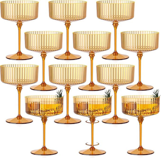 12 PCS Ribbed Coupe Glasses Amber Plastic Champagne Coupe Cup 10oz Detachable Gold Rim Espresso Martini Glass Vintage Margarita Glassware Cocktail Glass Disposable for Thanksgiving Wedding by Unknown