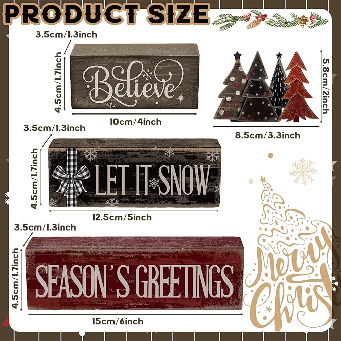 Moucuny 4 Pcs Christmas Table Decor Christmas Tree Centerpiece Rustic Decorative Tree Block Signs Gift Winter Tiered Tray Decor Farmhouse Winter Tabletop Decoration for Home Xmas Party Kitchen Shelf - Image 2