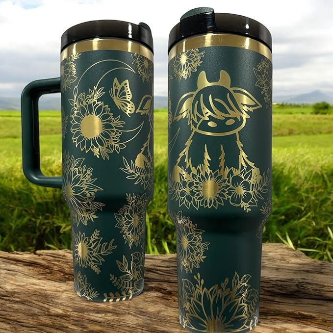 Tumbler, 40oz Tumbler, Western Tumbler, Engraved Cup with Handle, Cute Coffee Mug, 40oz Coffee Mug (Green/Gold(26)-Baby cow/sunflower(B33))