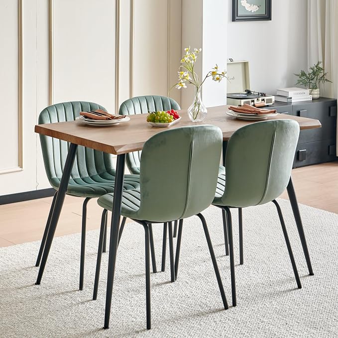 Rectangle Dining Table Set for 4 with Sage Green Velvet Chairs | 5-Piece Mid-Century Modern Set, Irregular MDF Table, Wood Grain, Space-Saving for Small Spaces, Dining Rooms, Easy Assembly by SQPFTW