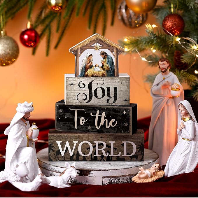 Moucuny 4 Pcs Christmas Table Decor Wooden Christian Religious Decoration Nativity Scene Centerpiece Joy to the World Tiered Tray Decor Farmhouse Xmas Decoration for Kitchen - Image 2