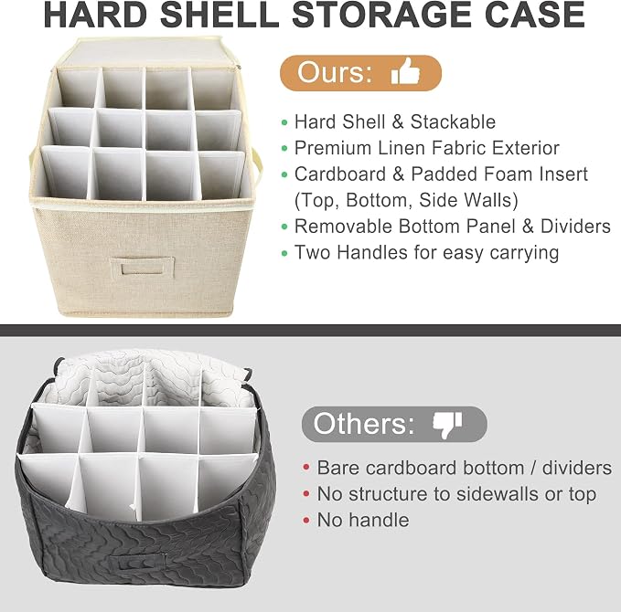 LotFancy Champagne Flute Storage Container for Moving, Hard Shell, Stackable 12" Tall Stemware Storage Box with Dividers & Handles, Wine Glass, Crystal Glassware, Drinkware Case, Beige - Image 3
