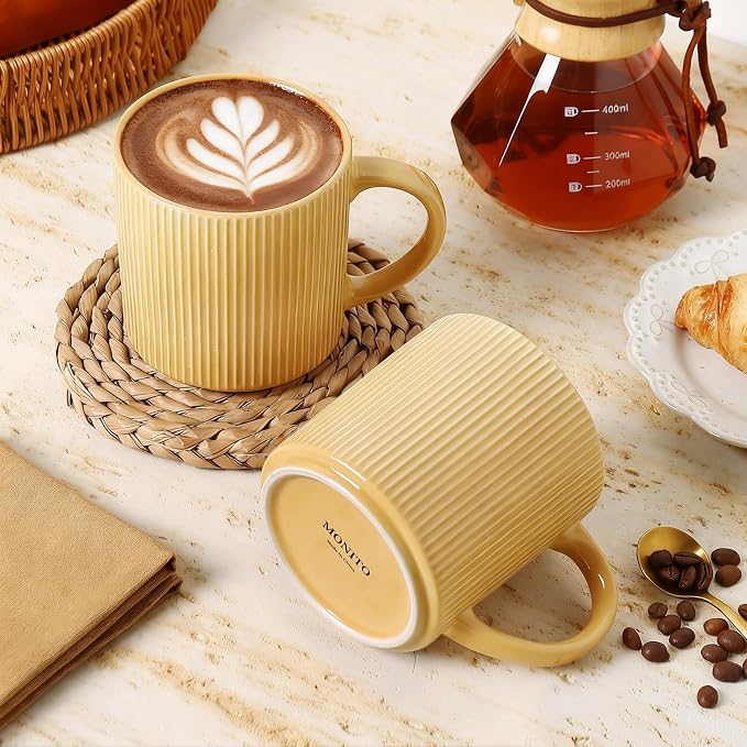 MONITO 16Oz Coffee Mugs Set of 6, Rustic Ceramic Coffee Cups Set with Large Handle, Vintage Striped Stoneware Coffee Mugs for Latte, Cocoa, Tea, Milk, Microwave & Dishwasher Safe, Lemon Yellow - Image 6