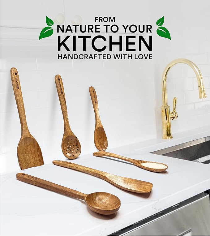 Zalvio 6-Piece Acacia Wood Cooking Utensil Set – Handmade Wooden Spoons & Spatulas | Heat-Resistant, Nonstick, Eco-Friendly Kitchen Tools