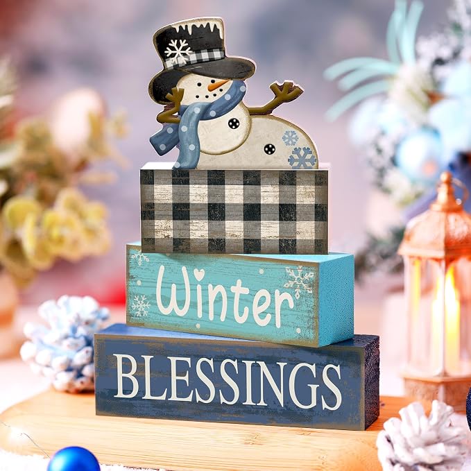 Moucuny 4 Pcs Winter Table Decorations Playful Snowman Decor Indoor Winter Tiered Tray Decor Rustic Wooden Decorative Snowman Block Sign Gift Snowflake Centerpiece Farmhouse for Home Kitchen - Image 2