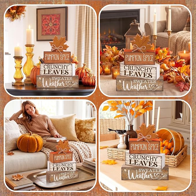 Moucuny 4 Pcs Fall Decor Wooden Maple Leaf Decoration Thanksgiving Tiered Tray Decor Rustic Wooden Maple Leaf Block Sign Thanksgiving Table Centerpiece Farmhouse for Autumn Harvest Party Kitchen Home - Image 5