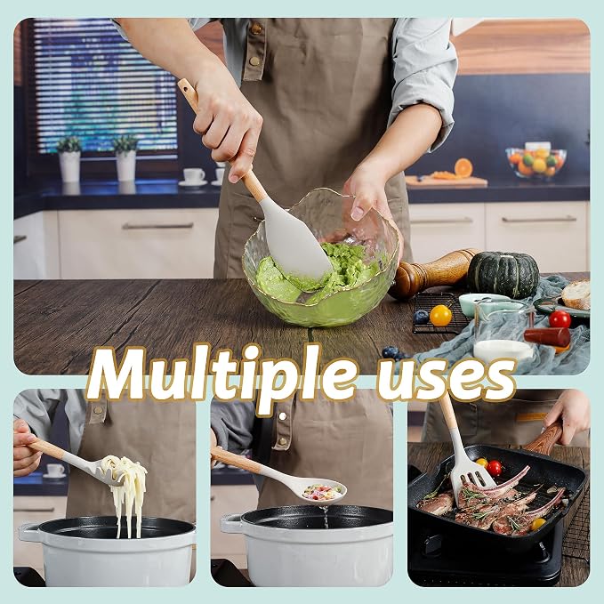 QMVESS Silicone Kitchen Utensils Set, 35 Pcs Non-Stick Cooking Utensils Set, Sturdy Insulation Wooden Handle Kitchen Accessories for Cooking with Spatula Set and Spoons Set Gadgets (Khaki) - Image 6