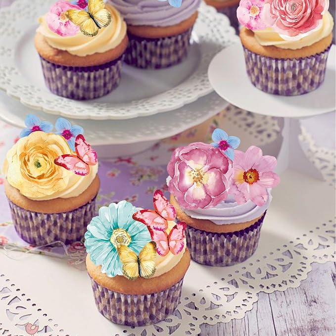 102Pcs Edible Flowers & Butterfly Cake Topper Cupcake Toppers Wafer Paper Wedding Themed Party Birthday Party Decoration Supplies Mixed Size & Colour - Image 4