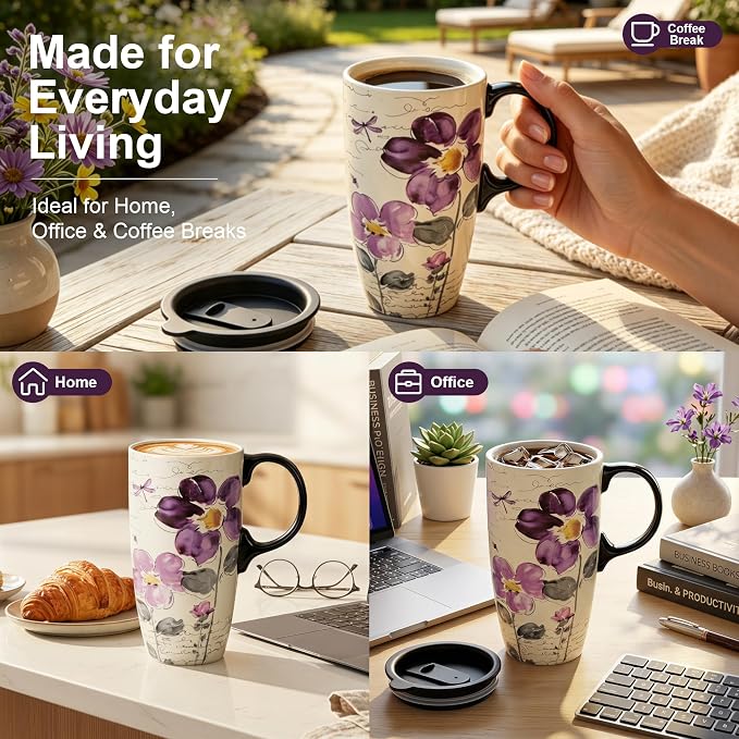 Topadorn 17oz Ceramic Travel Mug with Lid, Tall Purple Floral Coffee Mug | Large Ceramic Coffee Mug with Handle, Microwave & Dishwasher Safe, Matching Gift Box Included for Coffee, Tea and Latte - Image 4