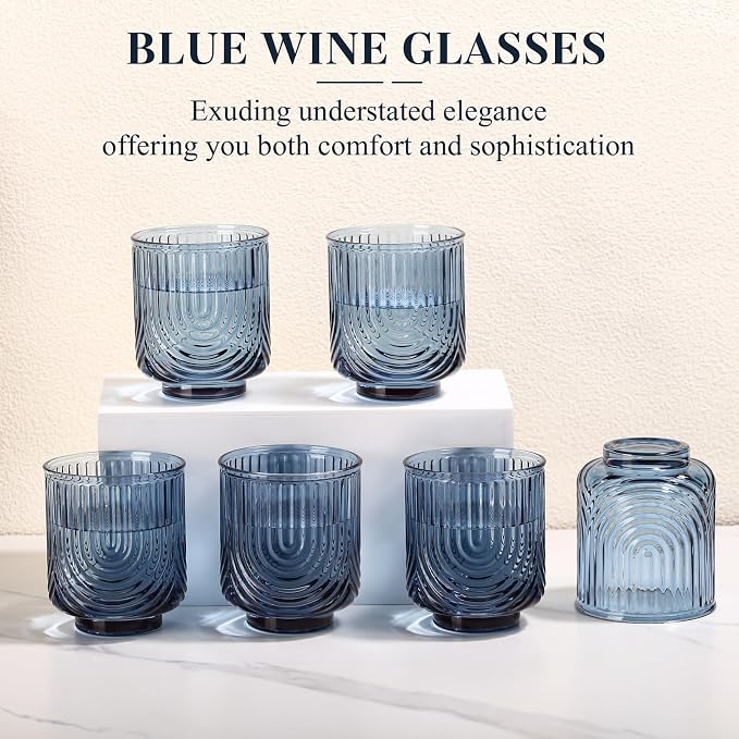 Blue Vintage Drinking Glasses Set of 6-15oz Hand-Blown Highball Ribbed Glassware, Arch Design Cocktail Glasses for Whiskey Water Beverages Ice Coffee Juice Milk - Image 2