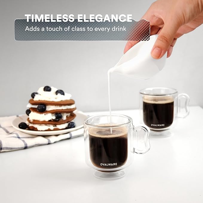 ovalware RJ3 Espresso Coffee Cups 4oz/120ml (Set of 2) Double-Walled Cup w/Solid Butterfly Handle - Elegant Borosilicate Espresso Shot Mug - Stackable Insulated Transparent Demitasse