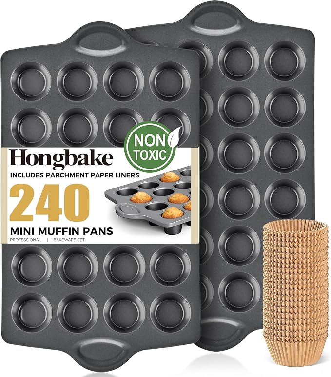 Mini 24 Muffin & Cupcake Pans with 240 Liners, Nonstick, Non-toxic | Heavy-duty Small Cheesecake Tray with Ear Shaped Wider Grips, 1.8dia, Grey, Premium by HONGBAKE