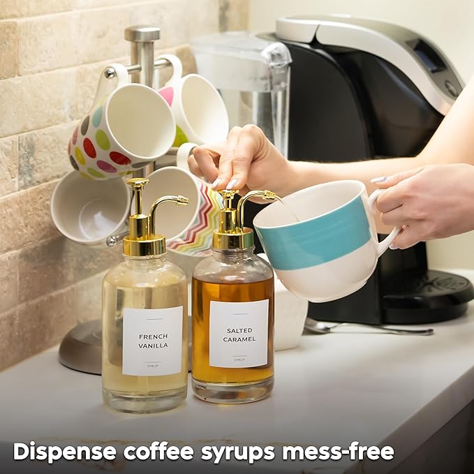 Coffee Syrup Dispenser with Pump - Includes 24 Flavor Labels - Glass Syrup Dispenser for Coffee Bar - Elevate your Beverage Station with 16.9 fl oz Flavoring Container Bottles, 4pcs, Gold