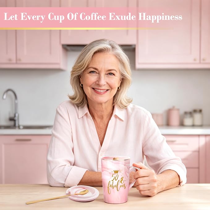 ShinnyWis 50th Birthday Gifts for Women, Fabulous 50 Aged to Perfection, Turning 50 Year Old Gifts Idea for Mom Wife Daughter Sister Friends Aunt, 14oz Pink Marble Gold Print Coffee Mug & Gift Boxed - Image 7