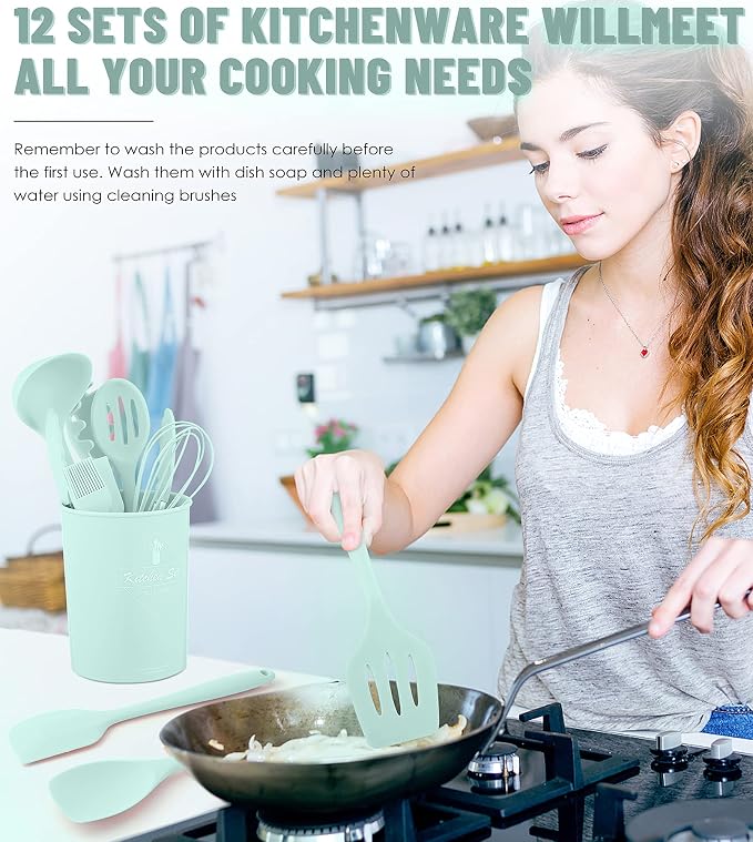 Kitchen Utensils Set-12 Pieces Silicone Cooking Utensils Set (Dishwasher Safe) 392°F Heat Resistant Spatula Set,Kitchen Utensil Set for Nonstick Cookware,Best Kitchen Tools with Holder | Dishwasher Safe 392°F Heat Resistant Spatula Set Kitchen Utensil ... - Image 7