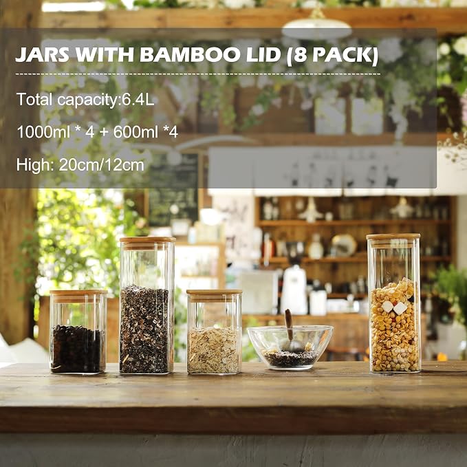 LIBWYS 8-Pack Square Glass Storage Jars with Bamboo Lids (0.6Qt/1.06Qt) | Stackable Dry Food Containers for Pantry Organization, Coffee, Flour, Snacks, Tea, Sugar | Kitchen Canisters Set - Image 6