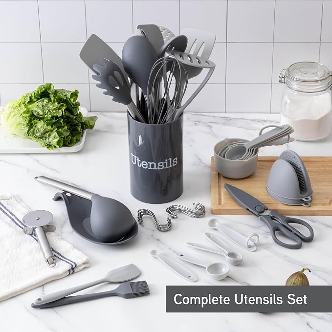 COOK WITH COLOR Silicone Cooking Utensils, Kitchen Utensil Set, Easy to Clean Silicone Kitchen Utensils, Cooking Utensils for Nonstick Cookware, Kitchen Gadgets Set, 38 Piece, Gray - Image 3