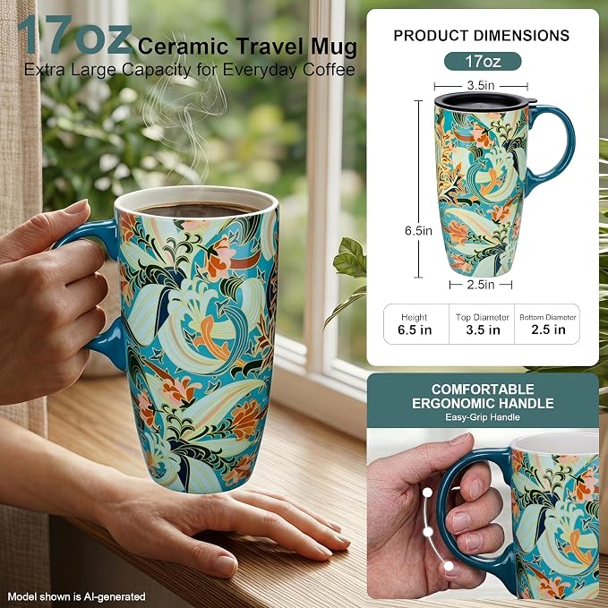 Topadorn 17oz Ceramic Travel Mug with Lid, Art Nouveau Floral Coffee Mug | Vintage Blue Botanical Latte Cup, Microwave & Dishwasher Safe Gift Mug for Home Office Commute - Image 2