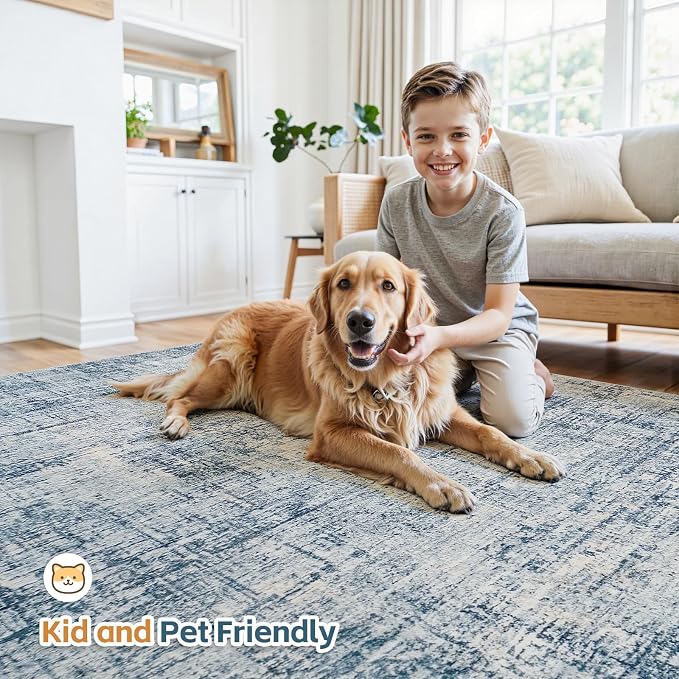 6x9 Washable Area Rug for Living Room Bedroom: Non-Slip Modern Blue Gold | Machine Washable TPR Backing, Stain-Resistant Low Pile, Pet & Kid Friendly, Abstract Decor for Dining Room, Dorm, Home Office - Image 6