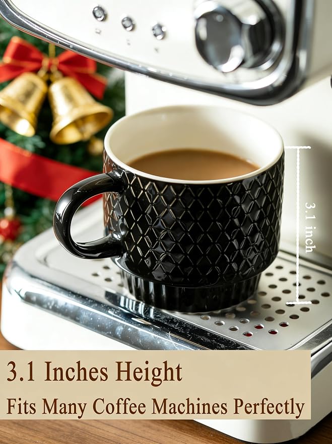 Gomakren Coffee Mugs Set of 4, 13oz Stackable Coffee Cups with Stand, Black | Gloss Embossed Stoneware, Gold Rack & Spoons | for Coffee, Milk, Tea, Cocoa, Daily & Gifting Use | Microwave/Dishwasher Safe - Image 2
