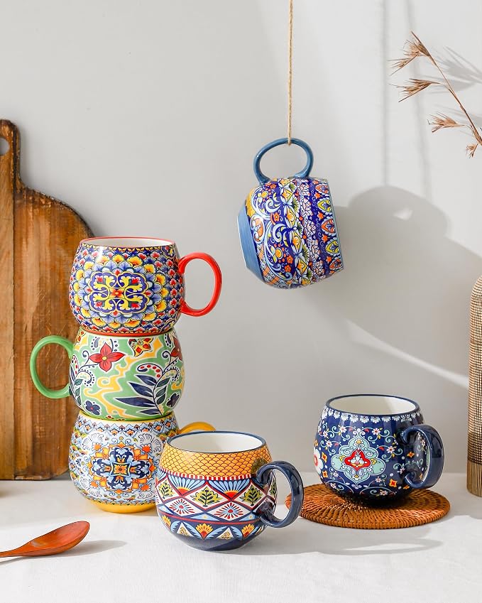 HENXFEN LEAD Large Boho Ceramic Coffee Mugs Set of 6, 20 oz | Assorted Patterns, Ideal for Coffee, Tea, Latte & Hot Cocoa, Microwave & Dishwasher Safe, Lead-Free Glaze - Image 4