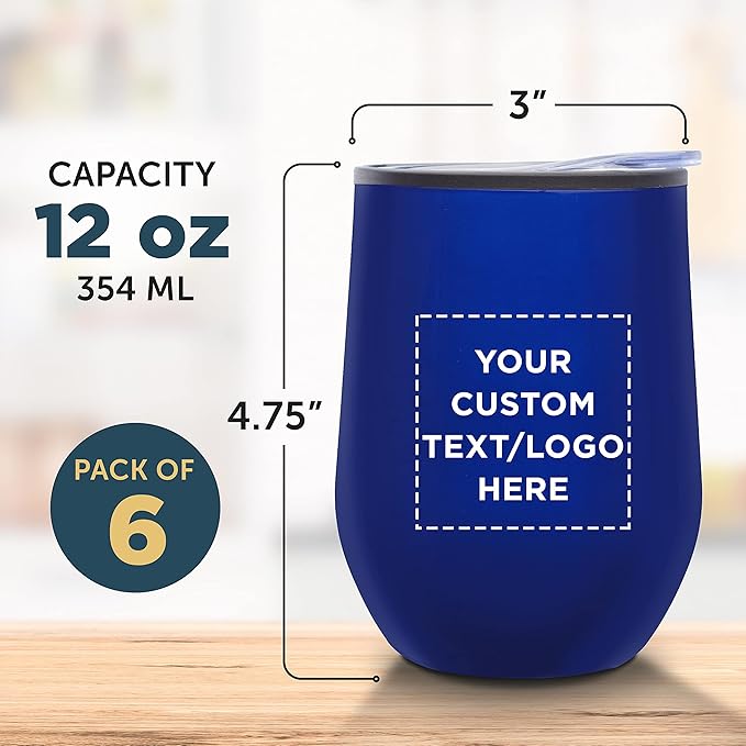 Custom Stemless Wine Tumblers 12 oz. Set of 6, Personalized Bulk Pack - Insulated, Perfect for Wine, Cocktails, Other Hot & Cold Beverages - Blue