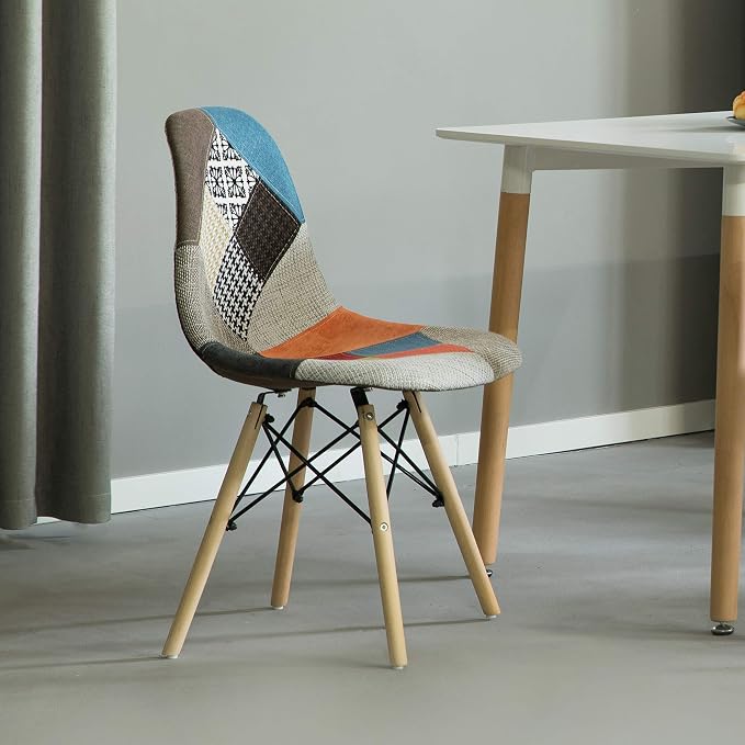 Fabulaxe Mid-Century Modern Upholstered Plastic Multicolor Fabric Patchwork DSW Shell Dining Chair with Wooden Dowel Eiffel Legs, Set of 4 - Image 5