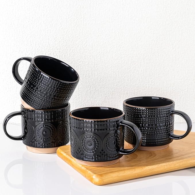 GBhome 12OZ Stackable Coffee Mugs, Ceramic Coffee Mugs with Texture Patterns for Man,Woman,Dad,Mom, Modern Coffee Mugs Set of 4 for Latte/Cappuccino/Cocoa. Dishwasher&Microwave Safe by GBhome
