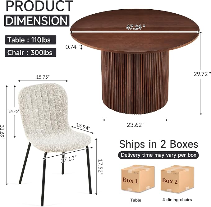 5 Piece Round Dining Table Set for 4, Mid Century Modern Wooden Kitchen Table and Chairs, Space-Saving Small Dinette Set (47 Inch Walnut Table+4 White Chairs) - Image 2