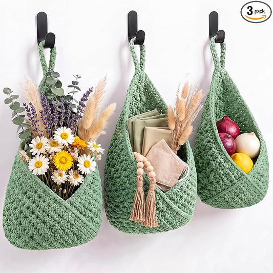Honeydak Boho Decor Hanging Wall Baskets for Kitchen 3 Pack Teardrop Baskets with Hooks Storage Fruit Onion Vegetable Potato for Home 3 Sizes(Sage Green,Triangle,Cotton Rope) by Honeydak