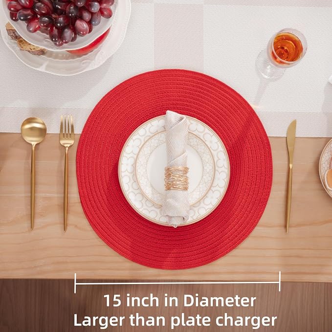 SHACOS Round Placemats Set of 4 Non Slip Washable Place Mats 15 inch Cotton Polyester Braided Placemat for Christmas Home Wedding Party Dining Table Decor (Red, 4) - Image 4