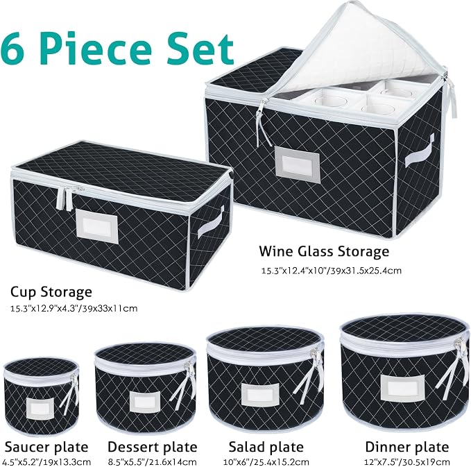 China Dinnerware Storage Containers Set- Dish,Mug,Stemware Storage Cases - Quilted Box Bins Stackable with Divider,handles,Clear Window for Cups,Plates,Wine Glasses Moving Set of 6 (Black) - Image 2