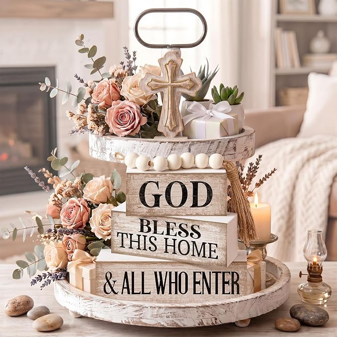 Moucuny 4 Pcs Christian Table Decor Rustic Wooden Block Sign Set with God Bless This Home & All Who Enter Farmhouse Stacked Decor with Beaded Garland Tassel Christian Home Decors for Office, Shelf - Image 4