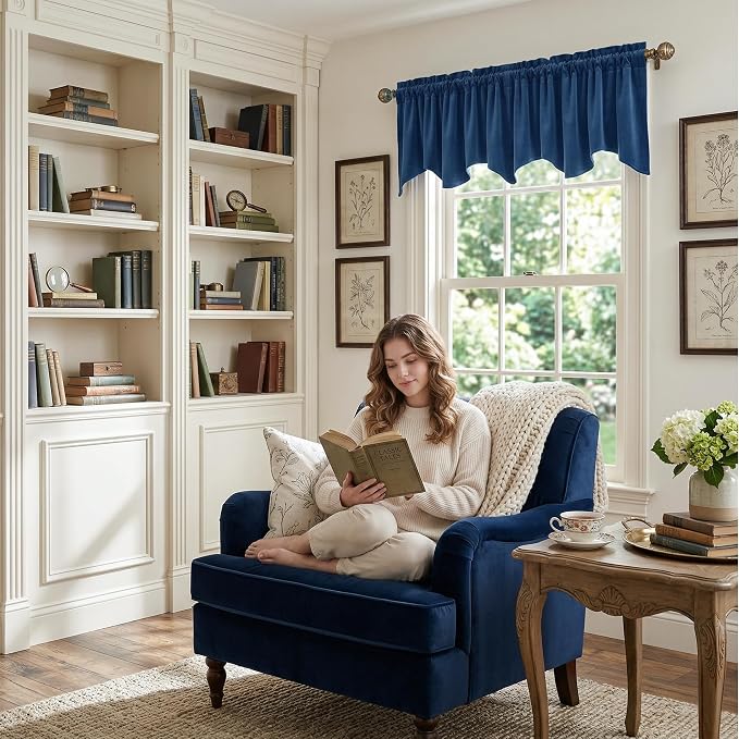Blue Scalloped Window Valance 52x18 Inch 1 Panel | Premium Kitchen Velvet Window Treatments, Decorative Wavy Short Drapes for Bathroom, Over Sink RV, Rod Pocket - Image 3