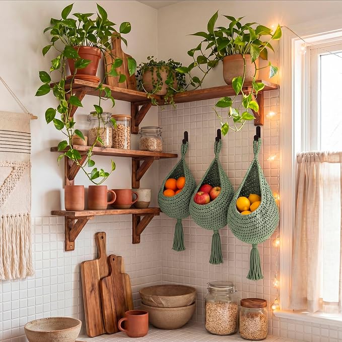 Honeydak Boho Decor Hanging Wall Baskets for Kitchen 3 Pack Teardrop Baskets with Hooks Storage Fruit Onion Vegetable Potato for Home 3 Sizes (Sage Green,Tassel,Cotton Rope) - Image 6