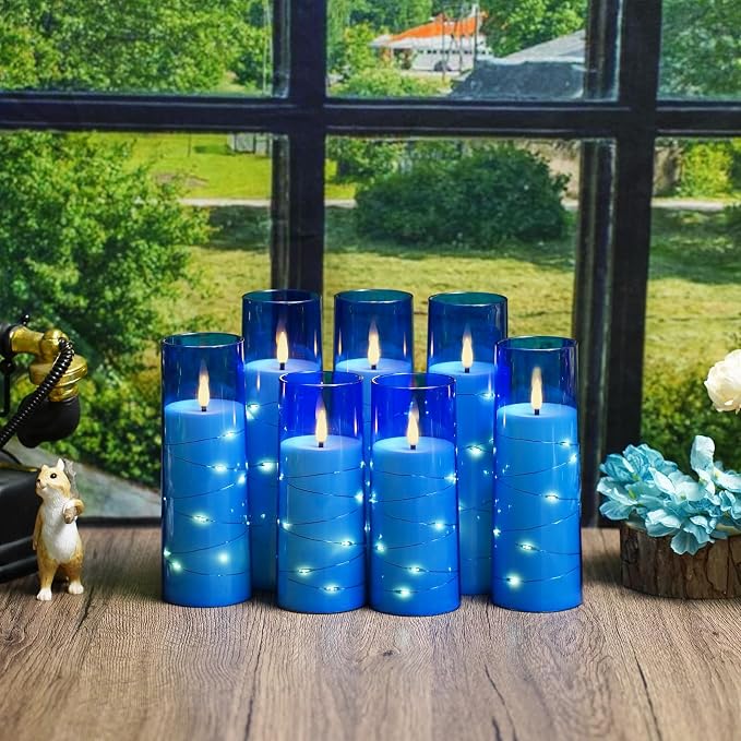 Flameless Candles,with Embedded Star String, Battery Operated Candles Flickering LED Pillar Candles with Remote Control and Timer, Home Decoration Add a Warm and Romantic Atmosphere，Set of 7 (Blue) - Image 2