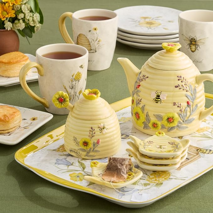 Bee Sweet Set of 4 Large Ceramic Mugs – 22 oz Coffee, Tea, Hot Cocoa Cups with Farmhouse Bee & Floral Design, Rustic Oversized Mugs with Comfort Handle – Microwave & Dishwasher Safe - Image 3