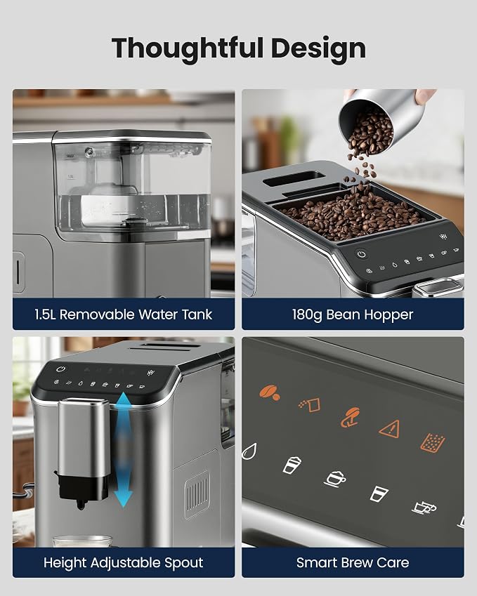 Automatic Espresso Machine with Grinder & Milk Frother | 19 Bar Pressure, 15 Grind Settings and Self-Cleaning Function for Making Espresso, Cappuccino and Latte at Home - Image 6