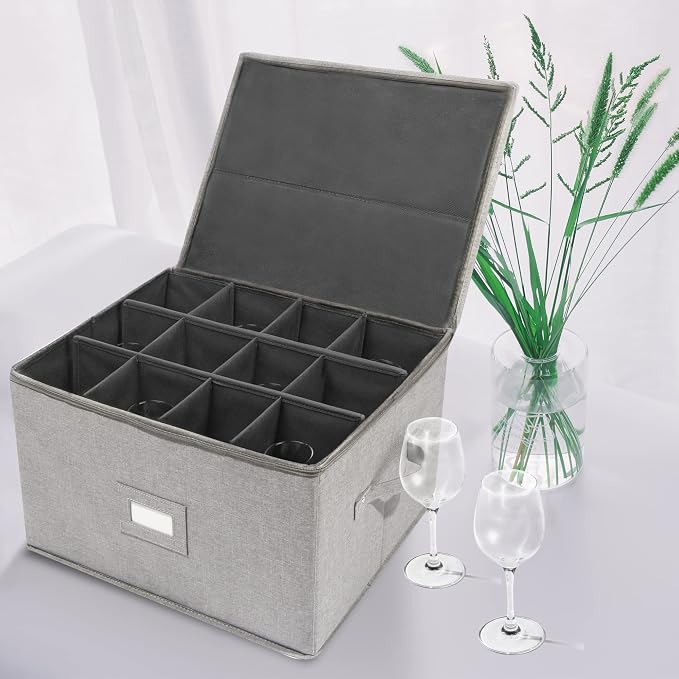 Stemware Storage Cases, Wine Glass Storage Box Containers with Dividers | Stackable China Storage Containers for 12 Wine Glasses, Drinkware, Glassware or Crystal (Light Grey) - Image 5