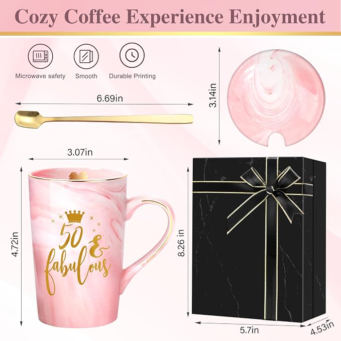 ShinnyWis 50th Birthday Gifts for Women, Fabulous 50 Aged to Perfection, Turning 50 Year Old Gifts Idea for Mom Wife Daughter Sister Friends Aunt, 14oz Pink Marble Gold Print Coffee Mug & Gift Boxed - Image 4