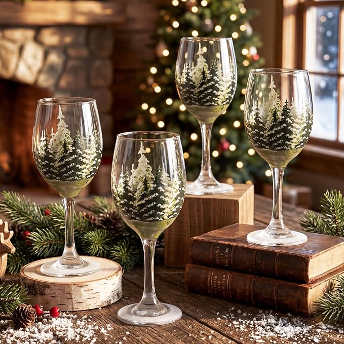 Yungyan Christmas Wine Glasses Set of 4, 15 oz Stemmed Goblets Hand Painted Pine Tree Design, Clear Vintage Holiday Glassware for Winter Dinner Party, Festive Table Decor, Christmas Gifting Home Decor by Yungyan