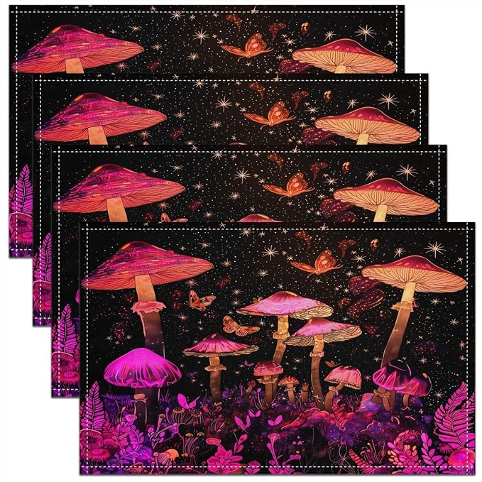 Feelyou Colorful Mushroom Table Place Mats 18"x12" Butterfly Placemats Set of 4 Wild Mushroom Placemat for Kitchen Dining Table Decor Indoor Outdoor Longleg Mushroom Decor Table Place Mats by Feelyou