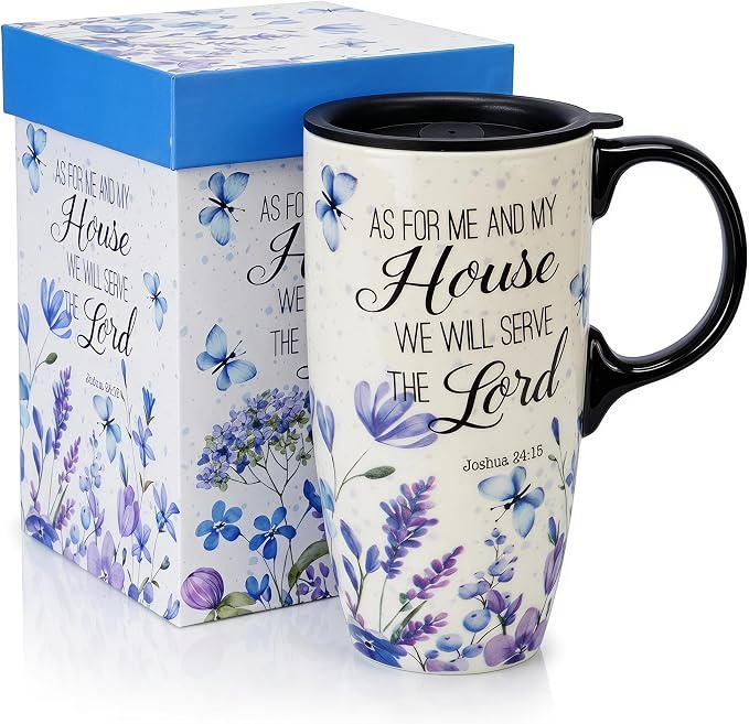Topadorn 17oz Ceramic Travel Mug with Lid, Christian Floral Coffee Mug | Christian Coffee Mug with Handle, Joshua 24:15 Floral Design, Splash-Resistant Lid, Microwave & Dishwasher Safe, Gift Box by Topadorn
