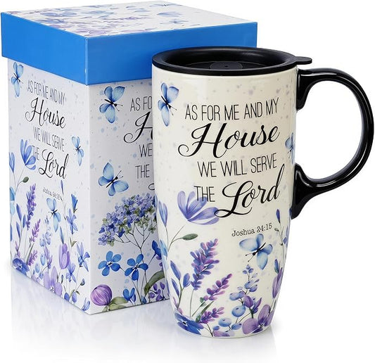 Topadorn 17oz Ceramic Travel Mug with Lid, Christian Floral Coffee Mug | Christian Coffee Mug with Handle, Joshua 24:15 Floral Design, Splash-Resistant Lid, Microwave & Dishwasher Safe, Gift Box by Topadorn