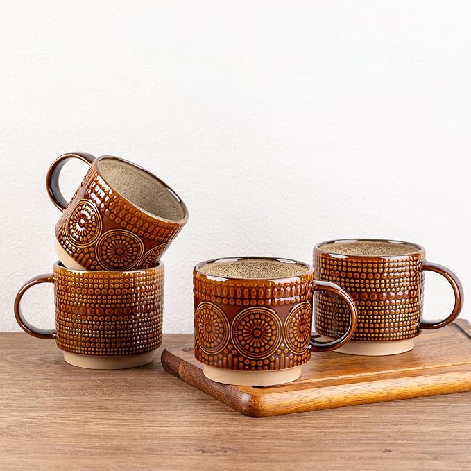 GBhome 12OZ Stackable Coffee Mugs, Ceramic Coffee Mugs with Texture Patterns for Man,Woman,Dad,Mom, Modern Coffee Mugs Set of 4 for Latte/Cappuccino/Cocoa. Dishwasher&Microwave Safe by GBhome