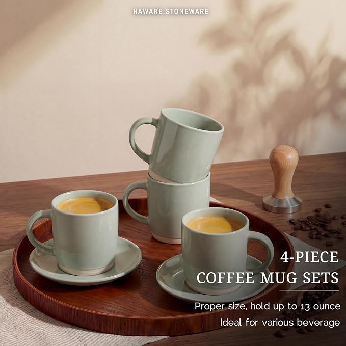 HaWare 13OZ Coffee Mugs with Handles, Stoneware Coffee Cups for 4 | Ceramic Latte Mug, Modern Tea Mugs for Cappuccino/Cocoa/Milk, Dishwasher& Microwave Safe, Speckled Asparagus Green - Image 3